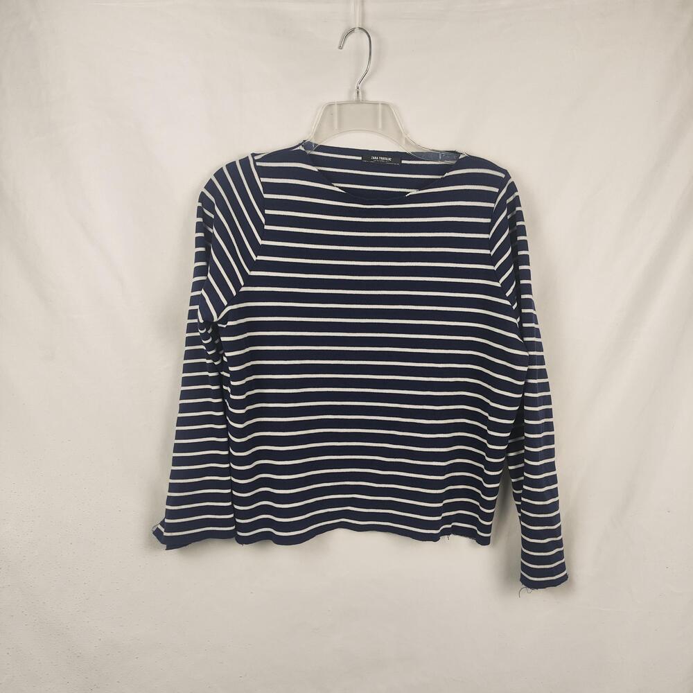 Zara Trafaluc T-Shirt Womens S Blue White Striped Boat Neck Long Sleeve Top